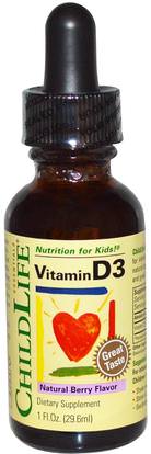 ChildLife, Essentials, Vitamin D3, Natural Berry Flavor, 1 fl oz (29.6 ml) ,صحة الأطفال، مكملات الأطفال، فيتامين d3، فيتامين d3 السائل