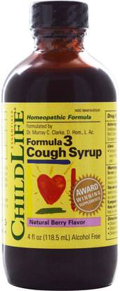 ChildLife, Formula 3, Cough Syrup, Natural Berry Flavor, 4 fl oz (118.5 ml) ,المكملات الغذائية، المثلية، سعال انفلونزا البرد