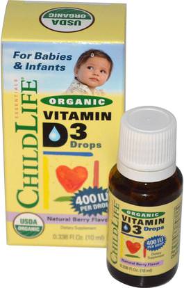 ChildLife, Organic Vitamin D3 Drops, Natural Berry Flavor, 400 IU, 0.338 fl oz (10 ml) ,صحة الطفل، الطفل، ملاحق الرضع، فيتامين d3