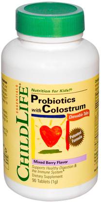 ChildLife, Probiotics, With Colostrum, Mixed Berry Flavor, 90 Chewable Tablets ,المكملات الغذائية، منتجات الأبقار، اللبأ، البروبيوتيك، الأطفال البروبيوتيك