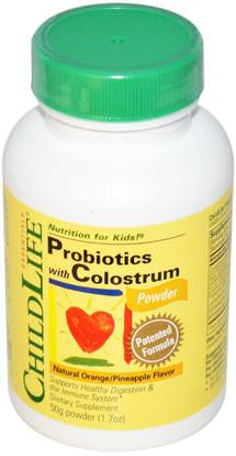 ChildLife, Probiotics, With Colostrum, Powder, Natural Orange/Pineapple Flavor, 1.7 oz (50 g) ,المكملات الغذائية، منتجات الأبقار، اللبأ، البروبيوتيك، الأطفال البروبيوتيك