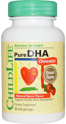 ChildLife, Pure DHA Chewable, Natural Berry Flavor, 90 Soft Gel Caps ,المكملات الغذائية، إيفا أوميجا 3 6 9 (إيبا دا)، دا مضغ، صحة الأطفال، ملاحق الأطفال