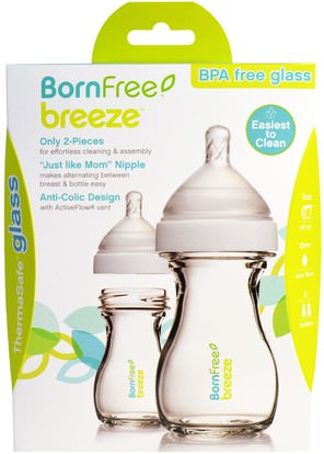 صحة الطفل، تغذية الطفل، زجاجات الطفل، أطفال الأطعمة Born Free, Breeze, Baby Bottle, Glass, 0m+, Slow Flow, 2 Pack, 5 oz (147 ml) Each