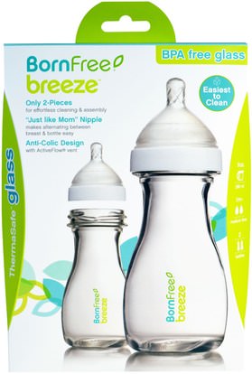 صحة الطفل، تغذية الطفل، زجاجات الطفل، أطفال الأطعمة Born Free, Breeze, Baby Bottles, Glass, Medium Flow, 1m+, 2 Pack, 9 oz (266 ml) Each