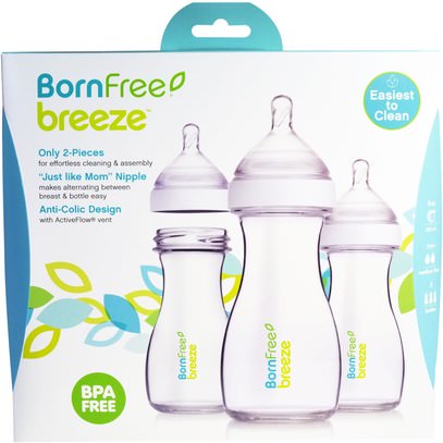 صحة الطفل، تغذية الطفل، زجاجات الطفل، أطفال الأطعمة Born Free, Breeze, Baby Bottles, Medium Flow, 1m+, 3 Pack, 9 oz (266 ml) Each
