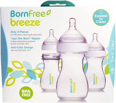 صحة الطفل، تغذية الطفل، زجاجات الطفل، أطفال الأطعمة Born Free, Breeze, Baby Bottles, Slow Flow, 0m+, 3 Pack, 5 oz (147 ml) Each
