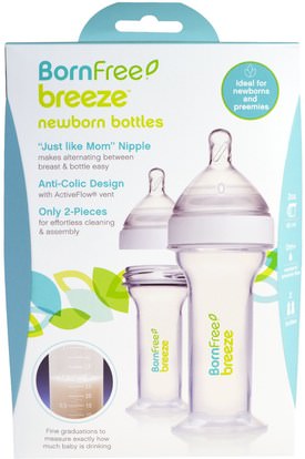 صحة الطفل، تغذية الطفل، زجاجات الطفل، أطفال الأطعمة Born Free, Breeze, New Born Bottles, Preemie Flow, 0m+, 2 Pack, 2 oz (60 ml) Each