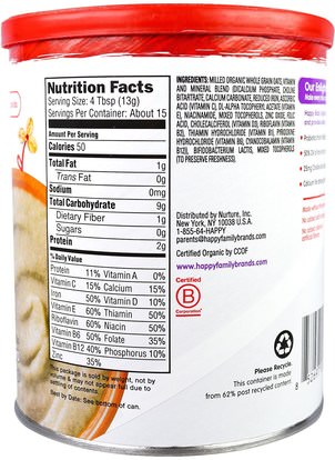 صحة الطفل، تغذية الطفل، حبوب الأطفال Nurture Inc. (Happy Baby), Organic Probiotic Baby Cereal, Oatmeal, 7 oz (198 g)