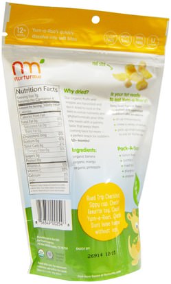 صحة الطفل، تغذية الطفل، وجبات خفيفة الطفل والأصبع الأطعمة، نفث، طفل وجبات خفيفة NurturMe, Organic, Toddler Snacks, Yum-A-Roos, Banana + Mango + Pineapple, 1 oz (28 g)