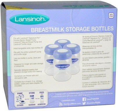 صحة الطفل، تغذية الطفل، الرضاعة الطبيعية، أطفال الأطعمة Lansinoh, Breastmilk Storage Bottles, 4 Bottles, 5 oz (160 ml) Each