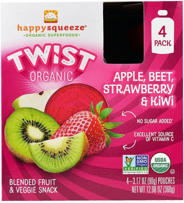 صحة الطفل، تغذية الطفل، الغذاء، أطفال الأطعمة Nurture Inc. (Happy Baby), Happy Squeeze, Organic Superfoods, Twist, Organic Apple, Beet, Strawberry & Kiwi, 4 Pouches, 3.17 oz (90 g) Each