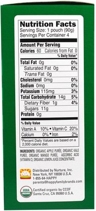 صحة الطفل، تغذية الطفل، الغذاء، أطفال الأطعمة Nurture Inc. (Happy Baby), Happy Squeeze, Organic Superfoods, Twist, Organic Apple, Kale & Mango, 4 Pouches, 3.17 oz (90 g) Each