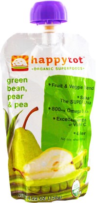 صحة الطفل، تغذية الطفل، الغذاء، أطفال الأطعمة Nurture Inc. (Happy Baby), happytot, Organic Superfoods, Green Bean, Pear and Pea, 4.22 oz (120 g)