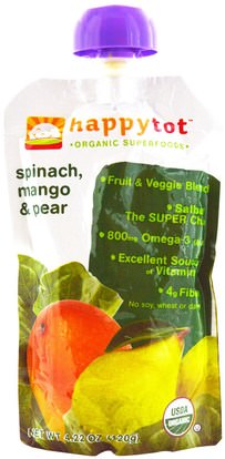 صحة الطفل، تغذية الطفل، الغذاء، أطفال الأطعمة Nurture Inc. (Happy Baby), Happytot, Organic SuperFoods, Spinach, Mango & Pear, 4.22 oz (120 g)