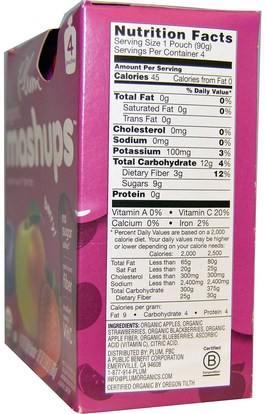 صحة الطفل، تغذية الطفل، الغذاء، أطفال الأطعمة Plum Organics, Organic Mashups, Apple Sauce + Berries, Berry, 4 Pouches, 3.17 oz (90 g) Each