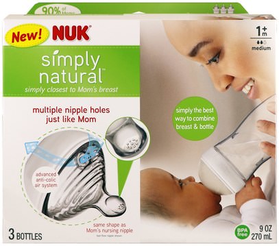 صحة الطفل، تغذية الطفل NUK, Simply Natural, Bottles, 1+ Months, Medium, 3 Pack, 9 oz (270 ml) Each