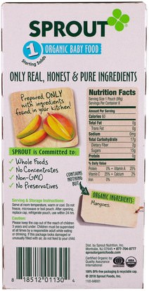 صحة الطفل، تغذية الطفل Sprout Organic, Baby Food, Stage 1, Mango, 6 Pouches, 3.5 oz (99 g) Each