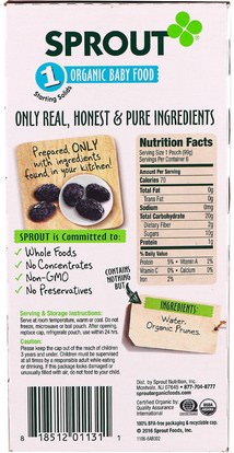 صحة الطفل، تغذية الطفل Sprout Organic, Baby Food, Stage 1, Prunes, 6 Pouches, 3.5 oz (99 g) Each