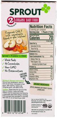 صحة الطفل، تغذية الطفل Sprout Organic, Baby Food, Stage 2, Apple, Banana, Butternut Squash, 5 Pouches, 4 oz (113 g) Each