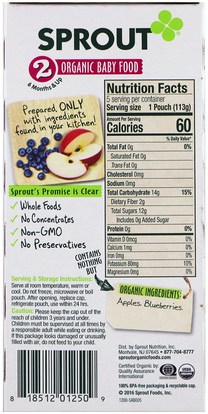 صحة الطفل، تغذية الطفل Sprout Organic, Baby Food, Stage 2, Apple, Blueberry, 5 Pouches, 4 oz (113 g) Each