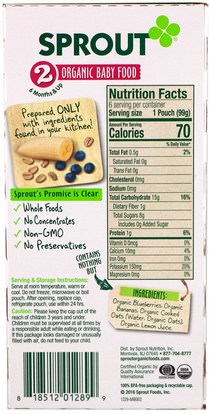 صحة الطفل، تغذية الطفل Sprout Organic, Baby Food, Stage 2, Blueberry, Banana, Oatmeal, 6 Pouches, 3.5 oz (99 g) Each