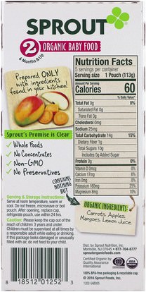صحة الطفل، تغذية الطفل Sprout Organic, Baby Food, Stage 2, Carrot, Apple, Mango, 5 Pouches, 4 oz (113 g)