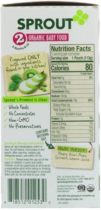 صحة الطفل، تغذية الطفل Sprout Organic, Baby Food, Stage 2, Pear, Kiwi, Peas, Spinach, 5 Pouches, 4 oz (113 g) Each