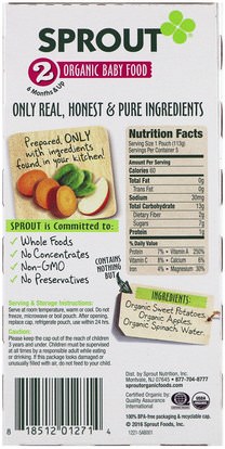 صحة الطفل، تغذية الطفل Sprout Organic, Baby Food, Stage 2, Sweet Potato, Apple Spinach, 5 Pouches, 4 oz (113 g) Each