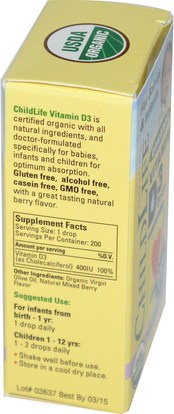 صحة الطفل، الطفل، ملاحق الرضع، فيتامين d3 ChildLife, Organic Vitamin D3 Drops, Natural Berry Flavor, 400 IU, 0.338 fl oz (10 ml)