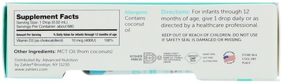 صحة الطفل، الطفل، ملاحق الرضع، الفيتامينات Zahler, D3 Drops, Microdrops for Infants, Mild Coconut Flavor, 0.5 fl oz (15 ml)