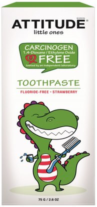 صحة الطفل، رعاية الطفل عن طريق الفم، معجون الأسنان، الاطفال والطفل معجون الأسنان ATTITUDE, Little Ones, Toothpaste, Fluoride Free, Strawberry, 2.6 oz (75 g)