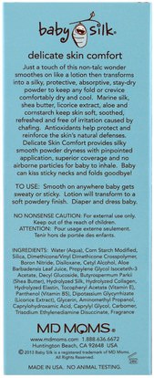 صحة الأطفال، حفاضات، زيوت مسحوق الطفل MD Moms, Baby Silk, Delicate Skin Comfort, Silky Liquid Powder, 3 oz (85 g)
