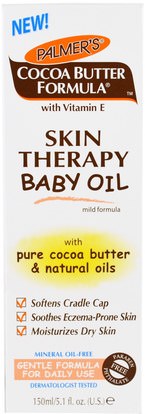 صحة الأطفال، حفاضات، زيوت مسحوق الطفل Palmers, Cocoa Butter Formula with Vitamin E, Skin Therapy Baby Oil Mild Formula, 5.1 fl oz (150 ml)
