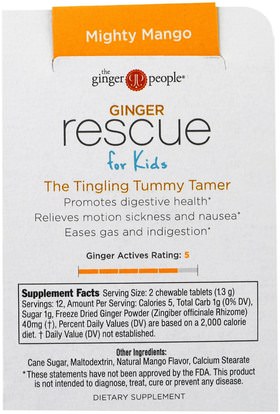 صحة الطفل، الهضم، المعدة The Ginger People, Ginger Rescue, Chewable Ginger Tablets for Kids, Mighty Mango, 24 Tablets (15.6 g)