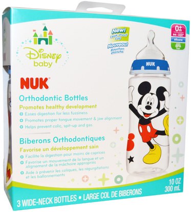 صحة الأطفال، أطفال الأطعمة، تغذية الطفل، زجاجات الطفل NUK, Disney Baby, Orthodontic Bottles, Medium, Blue, 0+ Months, 3 Bottles, 10 oz (300 ml) Each