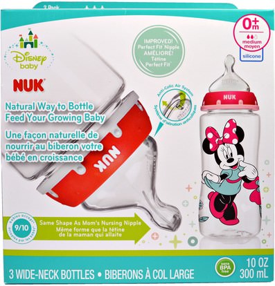 صحة الأطفال، أطفال الأطعمة، تغذية الطفل، زجاجات الطفل NUK, Disney Baby, Wide-Neck Bottles, Medium, 0+ Months, Pink, 3 Bottles, 10 oz (300 ml) Each