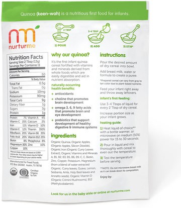 صحة الأطفال، أغذية الأطفال، تغذية الطفل، حبوب الأطفال NurturMe, Organic Baby Cereal, Quinoa + Apple, 3.7 oz (104 g)