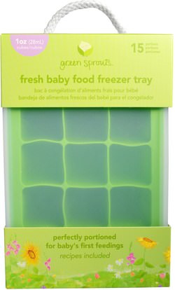 صحة الأطفال، أغذية الأطفال، تغذية الطفل والتنظيف iPlay Inc., Green Sprouts, Fresh Baby Food Freezer Tray, Green, 1 Tray, 15 Portions - 1 oz (28 ml) Cubes Each
