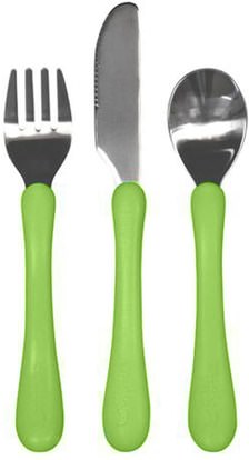 صحة الأطفال، أغذية الأطفال، تغذية الطفل والتنظيف iPlay Inc., Learning Cutlery Set, 12+ Months, Green Handle, 1 Fork, Knife Spoon