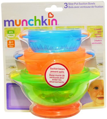 صحة الأطفال، أغذية الأطفال، تغذية الطفل والتنظيف Munchkin, Stay-Put Suction Bowls, 6 + Months, 3 Bowls