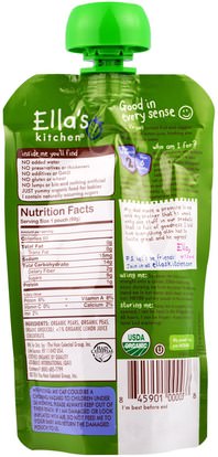 صحة الأطفال، أغذية الأطفال، تغذية الطفل، الغذاء Ellas Kitchen, Super Smooth Puree, Pears, Peas + Broccoli, 3.5 oz (99 g)