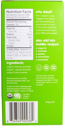 صحة الأطفال، أغذية الأطفال، تغذية الطفل، الغذاء NurturMe, Dried Baby Food, Squash, Bananas, Green Kale, 8 Pouches.67 oz (19 g) Each