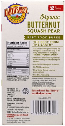 صحة الأطفال، والأغذية للأطفال Earths Best, Organic Butternut Squash Pear, Baby Food Puree, 6+ Months, 4 Pouches, 4.0 oz (113 g) Each