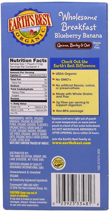 صحة الأطفال، والأغذية للأطفال Earths Best, Wholesome Breakfast, Organic Blueberry Banana Flax and Oat Pouches, 6 + Months, 4 Pack, 4.0 oz (113 g) Each
