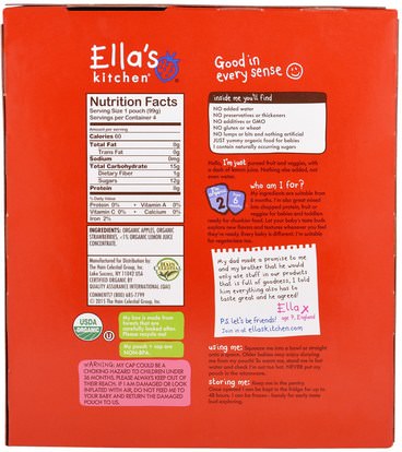 صحة الأطفال، والأغذية للأطفال Ellas Kitchen, Apples, Strawberries, Super Smooth Puree, Stage 2, 4 Pouches, 3.5 oz (99 g) Each