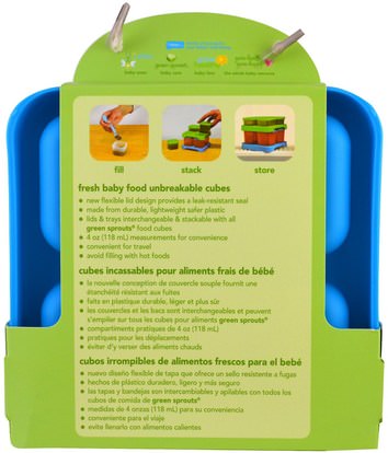 صحة الأطفال، والأغذية للأطفال iPlay Inc., Green Sprouts, Fresh Baby Food Unbreakable Cubes, Aqua Set, 4 Pack - 4 oz (118 ml) Each