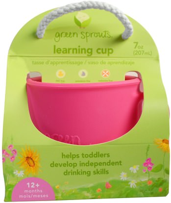 الأطفال الصحة، أطفال الأطعمة، أدوات المطبخ، لوحات الكؤوس السلطانيات iPlay Inc., Green Sprouts, Learning Cup, 12+ Months, Pink, 7 oz (207 ml)