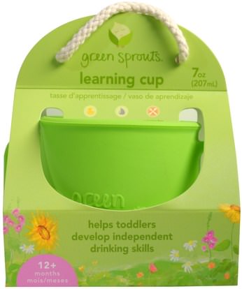 الأطفال الصحة، أطفال الأطعمة، أدوات المطبخ، لوحات الكؤوس السلطانيات iPlay Inc., Green Sprouts, Learning Cup, 12+ Months, Green, 7 oz (207 ml)