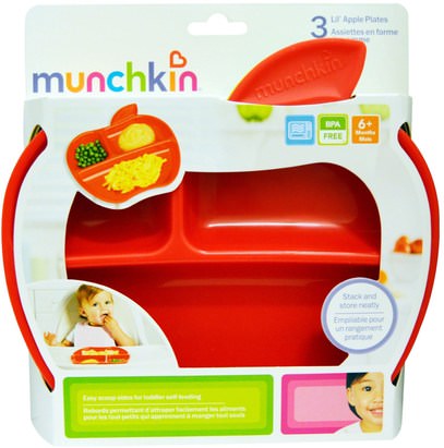 الأطفال الصحة، أطفال الأطعمة، أدوات المطبخ، لوحات الكؤوس السلطانيات Munchkin, Lil Apple Plates - 3pk