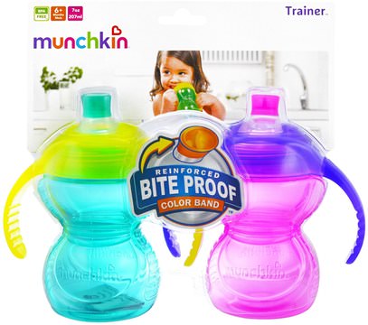 صحة الأطفال، والأغذية للأطفال Munchkin, Reinforced Bite Proof Color Band, 2 Trainer Cups, 6+ Months, 2 Pack, 7 oz (207 ml)
